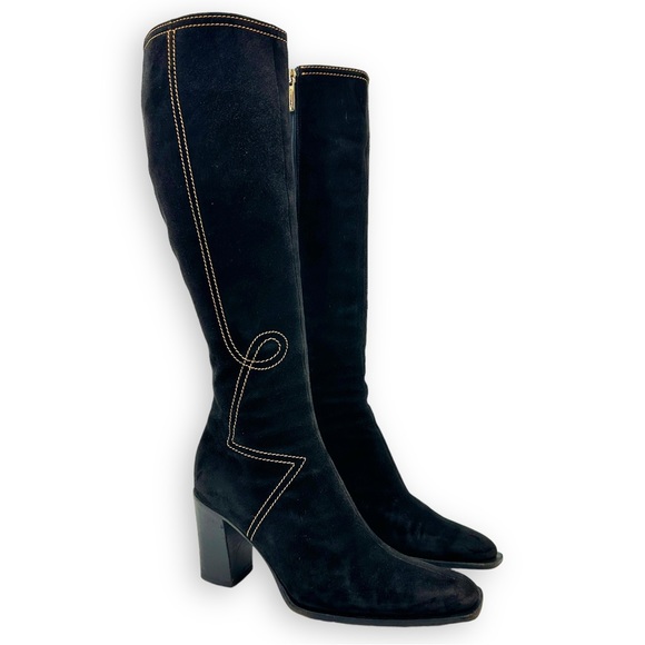 Bruno Magli Black Suede Orange Stitch Tall Block Heel Boots sz 36 - Picture 1 of 11